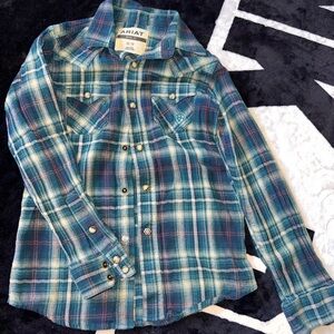 Ariat Kids Teal and Navy Plaid Flannel Button Down Shirt
